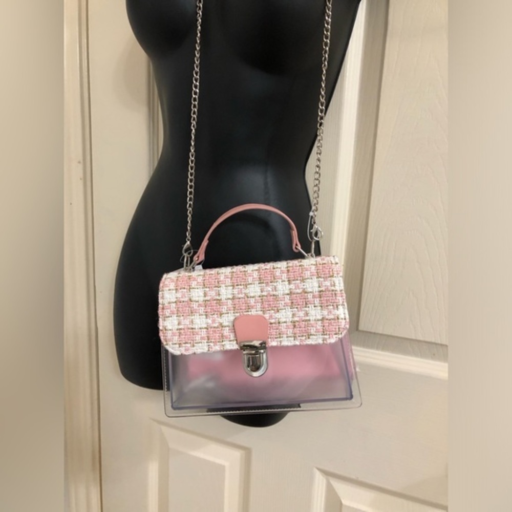 Pink boucle tweed‎ look clear fold over top handle crossbody bag new